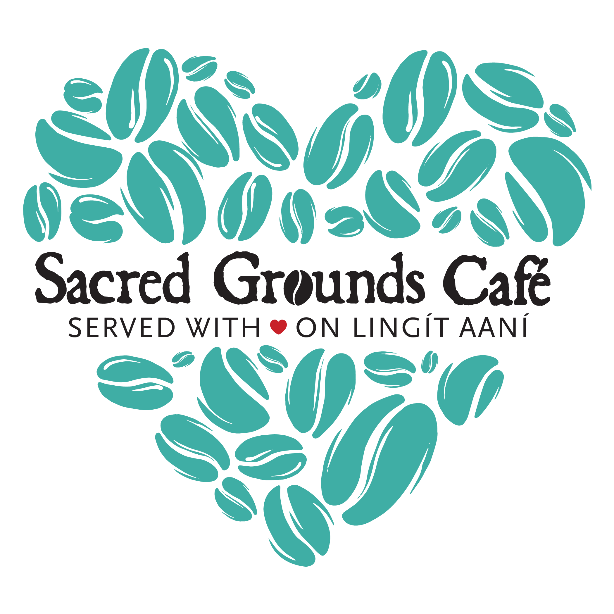 Sacred Grounds Cafe Sitka Alaska coffee shop logo with coffee bean heart served with love